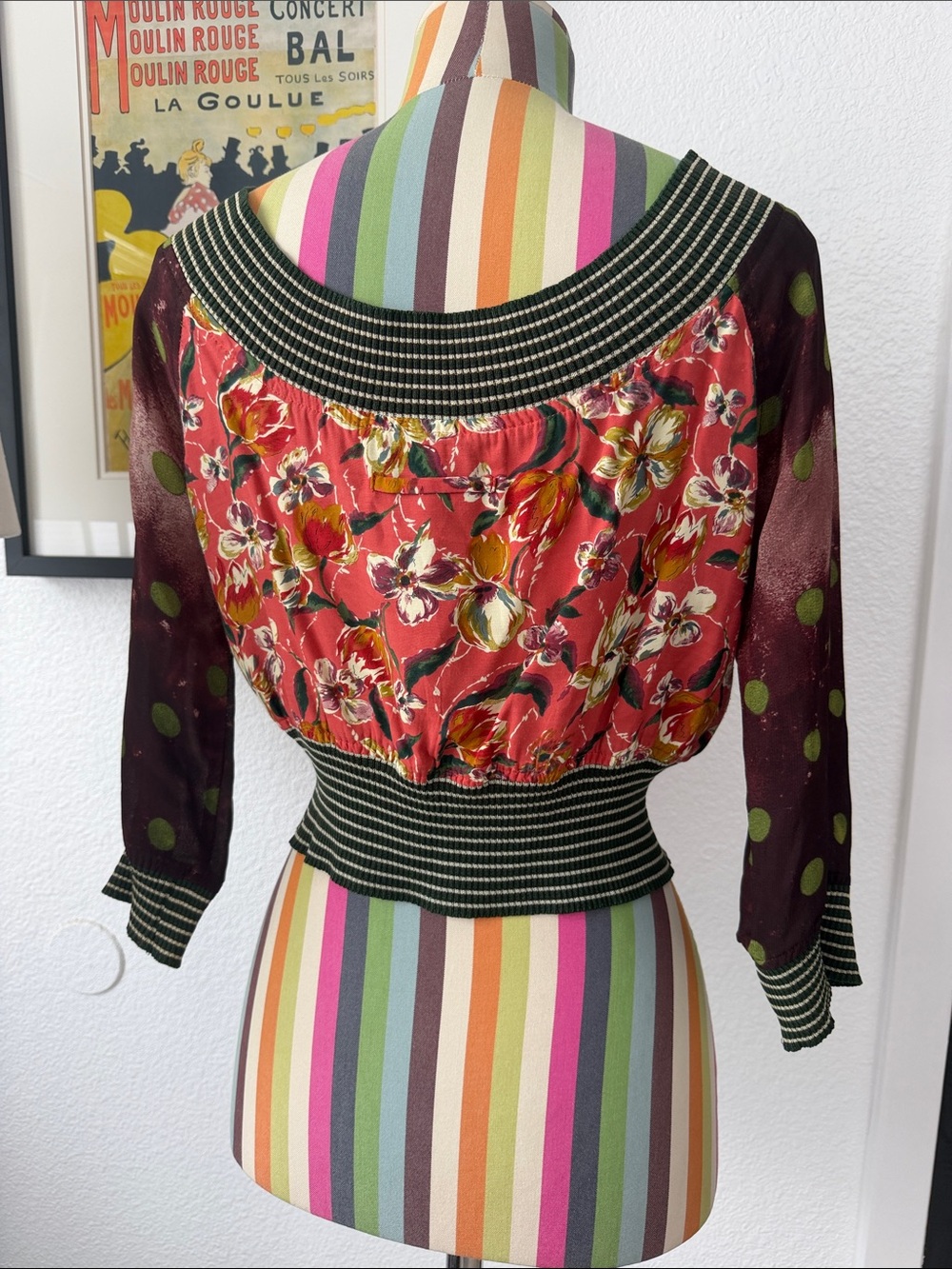*FLAWS* Vintage JPG Jean Paul Gaultier FEMME Mixed Print Striped Trim Top Floral - Picture 5 of 9